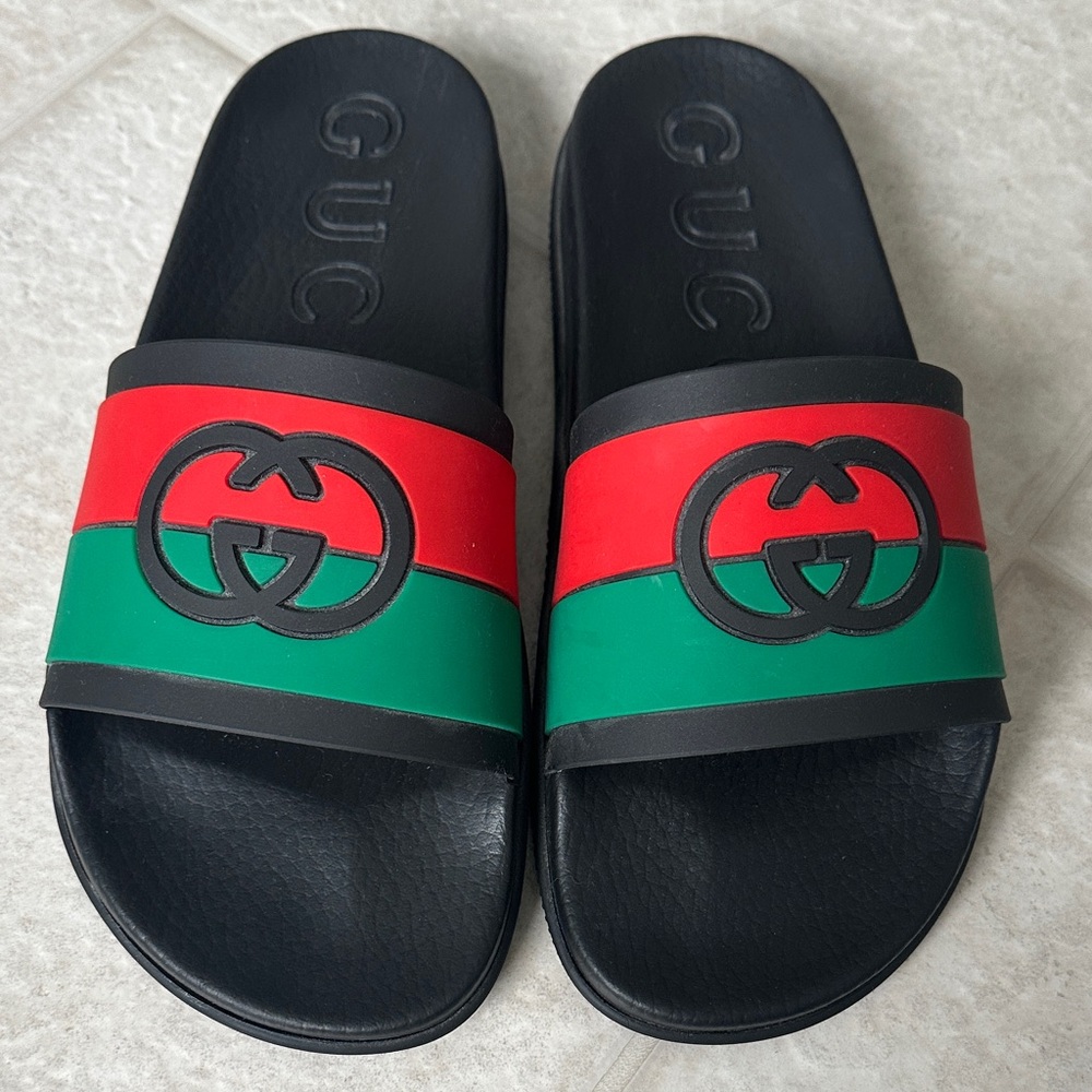 Gucci Black Slides with Red and Green Accents